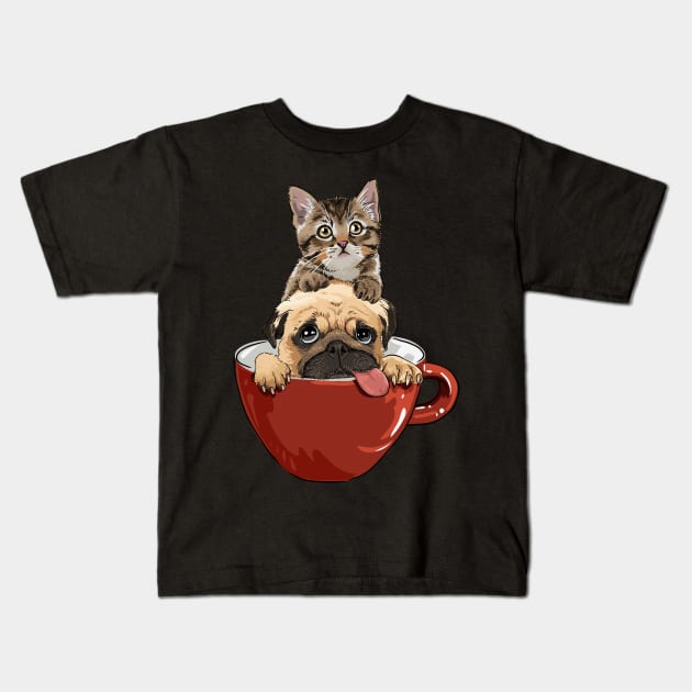 Cute Cat and Pug in a mug | Funny cat and dog gift Kids T-Shirt by MerchMadness